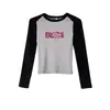 Camiseta Raglan Manga Longa Cor Color Block Azul Marinho Estilo Americano Ombro Normal para Mulheres, Nova Moda Primavera e Outono, Versátil, Emagrecimento, Camiseta Básica Ajustada