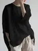 Diseñado con una estética de estilo coreano, este top de algodón y lino de manga corta es un nuevo modelo de primavera/verano, que presenta un corte holgado que favorece la figura, un cuello redondo y está hecho de algodón puro con mangas cortas.