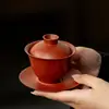 Conjunto Gaiwan de Argila Roxa Mojing com Padrão de Casca de Laranja, Conjunto de Chá Kung Fu para Uso Doméstico, Conjunto de Presente Gaiwan Três Talentos para Preparo de Chá Muyan