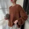 Suéter de Punto Versátil Cómodo de Color Sólido Cepillado Cálido para Otoño e Invierno Cuello Redondo Holgado Nuevo Suéter de Cachemira para Mujer