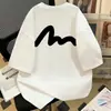 Camiseta Masculina de Manga Curta Algodão Puro Estilo Americano Desenho em Linha Estampa Inglesa, Top Tendência Verão High Street Ins para Casal