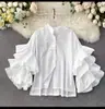 Camisa de Moda Europeia e Americana Transfronteiriça Feminina Desejo Camisa de Manga Bufante Plissada em Camadas Top de Gola Solta
