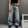 Jeans azul desbotado com design exclusivo para mulheres petites, calças retas largas e casuais de comprimento até o chão para o trabalho