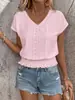 Nueva Camiseta de Manga Corta con Cuello en V, Jacquard y Diseño Hueco, Estilo Europeo y Americano, Top Casual de Moda para Mujer