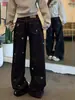 Jeans Casuales Largos de Pierna Ancha Lavados de Otoño Nuevos para Hombre y Mujer, Bordados de Cimitarra Estilo Dibujos Animados Retro Americano