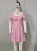 En stock vestido floral francés nuevo para mujer verano 2026 con escote cuadrado, mangas abullonadas, corte A entallador corto