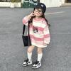 Vestido T-shirt Rosa Listrado Estilo Coreano para Meninas 2025 Outono Novo T-shirt Bordada de Manga Longa de Comprimento Médio para Bebês Meninas