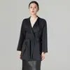 Nuevo abrigo de otoño e invierno para mujer 100% lana con solapa grande, cinturón de doble cara, longitud media, diseño simple