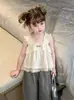 Comércio Exterior Roupas Infantis 26 Verão Novo Meninas Bebês Estilo Coreano Alça com Babado Camisa Boneca Conjunto de Calça Xadrez Conjunto de Duas Peças