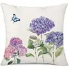 Funda de Almohada Estampada en Lino con Diseño Floral de Hortensia y Mariposa Estilo Nórdico Pastoral de Amazon para Mesita de Noche y Sofá