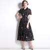 Atacado de comércio exterior Vestido midi feminino europeu e americano retrô estampado 2023 primavera e outono vestido de manga curta com amarração na cintura