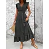 Vestido longo de alça V com babados e acinturado, atacado em estoque, novo modelo de verão, estilo europeu e americano transfronteiriço para férias na praia
