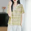 Nuevo Estilo Primavera y Verano 2026 Tejido de Punto Tencel Lino Cuello Solapa Manga Corta Corte Femenino Color Contrastante Camiseta Base Suelta