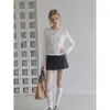 Cárdigan de punto con volantes, huecos, cuello redondo y manga larga color blanco de ummoimoi para mujer, ajuste ceñido para principios de otoño, top de punto de seda helada fresco