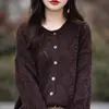 Cardigã feminino com gola redonda, acabamento canelado, tricô jacquard, suéter de caimento solto para outono e inverno, novo, cor sólida, versátil e peça superior espessa