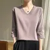 Camiseta de Algodão Puro de Manga Curta para Mulheres, Novo Estilo Primavera e Verão, Caimento Solto, Gola V, Curta, Cor Sólida, Camiseta Básica Versátil, Top de Manga Meia-Manga