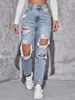 Jeans Populares de Cintura Alta Sueltos Rasgados Transfronterizos para Mujer, Estilo Callejero Europeo y Americano, Pantalones de Pierna Ancha Rectos Desgastados de Marca de Moda