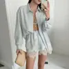 Conjunto de dos piezas de camisa de color liso de moda para verano, ropa europea y americana transfronteriza para mujer, conjunto informal de pantalones cortos con ribete de encaje