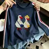 Camiseta de algodão puro para meninas, color block, manga longa, corte solto, novo estilo 2026, cartoon moderno, versão coreana, camiseta básica para crianças maiores