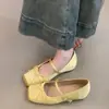 Primer Encuentro Zapatos Mary Jane Planos de Punta Cuadrada con Lazo Dulce de Satén Francés para Aumentar la Altura 3 cm de Temporada para Combinar con Vestidos