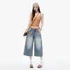 Jeans Cropped Largo Americano Tendência Nova Primavera/Verão 2026 para Mulheres, Calça Retro de Cintura Média Emagrecedora no Tornozelo