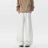 Calça casual azul marinho resistente para homens, estilo American high street, relaxada e larga, com um design de perna reta e larga que chega ao chão