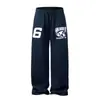 Pantalones de chándal anchos con estampado azul retro americano 2026, unisex, corte holgado, casual, versátiles, de longitud al suelo