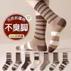 Meias Antibacterianas de Algodão de Xinjiang para Mulheres, Resistentes a Odores, Espessadas para Outono e Inverno, Quentes, Série de Cores Melange, Meias de Comprimento Médio, Listras Cor de Café