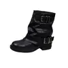Botas apiladas con hebilla estilo western para mujer, nuevo modelo de verano, por encima de la rodilla, tacón grueso, botas plisadas hasta la mitad de la pantorrilla, botas de montar estilo workwear