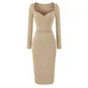 Vestido largo elegante sexy de estilo francés de lujo ligero con cuello en V, fruncido, ajustado al cuerpo, adelgazante, de corte ceñido y manga larga, vestido moderno que ciñe la cintura