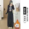 Calça xadrez preta para mulheres, novo estilo de outono 2026, calça reta casual solta que afina para mulheres baixinhas, calça casual de perna larga