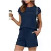 Conjunto feminino de shorts e camiseta de manga curta estilo europeu e americano, camiseta redonda com pregas no peito e shorts com bolso de cordão, conjunto casual de duas peças