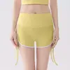 Shorts de Yoga com Cordão Cintura Alta Levanta Bumbum Ajustável Anti-Exposição Respirável Emagrecimento Pilates Shorts de Treino Mulher