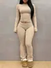 Conjunto de Top de Manga Larga de Color Sólido de Alta Elasticidad Ajustado y Pantalones de Micro Campana Transfronterizo Europeo y Americano para Mujer Conjunto Casual Adelgazante Otoño/Invierno
