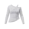 Camiseta Heyhenry Estilo Americano Cuello Diagonal Asimétrico Ceñida a la Cintura de Manga Larga para Mujer, Top Corto Sexy de Hombros Descubiertos Ajustado para Primavera