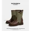 Botas Martin de Couro Genuíno Patchwork com Solado Grosso para Mulheres, Nova Coleção Outono 2026 Estilo Britânico Vintage Botas de Montaria Arredondadas de Cano Médio