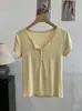Camiseta de Manga Corta con Botones y Cuello en V Omalai para Mujer 2026 Verano Ajustada Elástica Color Sólido Top 7063