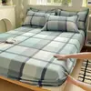 Sábana Bajera Ajustada de Algodón Cepillado Engrosado, Universal para Todas las Estaciones, Estampada, Completamente Cerrada, Resistente a la Suciedad, Cubre Cama Antideslizante de Algodón, Funda Protectora, Juego de Tres Piezas