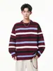 Suéter de Punto Texturizado a Bloques de Color Rayado Estilo Retro Americano para Hombre, Otoño Estilo Perezoso Sensación Holgada Suéter de Punto de Cuello Redondo para Parejas