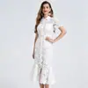 Tiro real Verano Nuevo Encaje de Alta Calidad soluble en agua Cuello de Camisa Vestido de Cintura Alta Ajustado al Cuerpo Falda Sirena