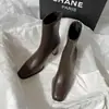 Botas elásticas ajustadas para mujer, con tacón grueso, nuevo estilo otoño/invierno, cremallera trasera, diseño coreano, versátiles botines marrones de media pantorrilla, botines de tacón alto con punta cuadrada