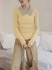 Suéter de Punto Amarillo con Cuello en V Falso Dos Piezas para Mujer, Suéter de Punto Cableado con Cuello Polo para Otoño e Invierno, Camiseta Base de Capa Interior