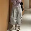 Calças cropped cinzas de secagem rápida para mulheres, estilo fino de verão, calças esportivas petite de corte solto, calças casuais de trabalho de cintura alta, perna larga, comprimento médio