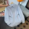 Camisa Azul Estilo Coreano con Cuello Polo para Mujer, Para Capas en Primavera y Verano, Diseño Elegante, Camisa de Color Sólido, Chaqueta Estilo Francés, Camisa con Protección Solar