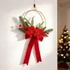 Decoración de anillo de metal con flor artificial de Navidad con bayas rojas, agujas de pino, lazo de terciopelo, decoración de puerta, anillo de pared para el hogar de Navidad