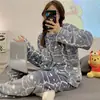 Pijamas Nuevos de Otoño e Invierno para Mujer, Franela Engrosada, Dulce Dibujo Animado Casual Pulóver de Manga Larga Terciopelo Coral Ropa de Casa para Mujer