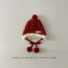 Gorro Tejido Grueso de Color Rojo para Bebé, Otoño e Invierno, Cálido y a Prueba de Frío, Forro de Felpa, con Protección para las Orejas, para Niños y Niñas, Gorro de Encaje para Bebé