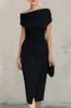 Vestido Bodycon Azul Marino 2026 Hombros Descubiertos Cintura Retorcida con Abertura, Elegante Vestido de Longitud Media para el Trabajo y Banquetes
