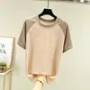 Camiseta de manga corta raglán de seda de hielo fresca estilo coreano de verano para mujer, top fino, corte holgado, talla grande, camiseta básica de cuello redondo