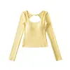 Camiseta sexy de manga larga con escote redondo bajo y diseño calado, puramente seductora para mujer, nuevo estilo de primavera con almohadillas en el pecho, top corto ajustado para usar de base